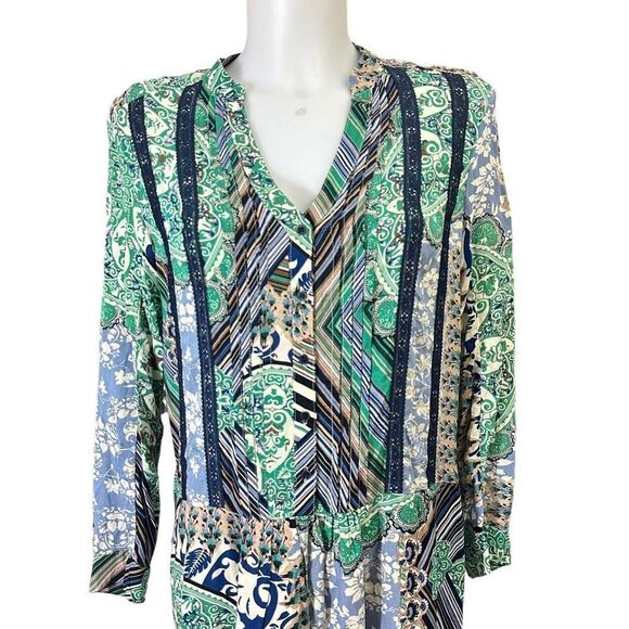 Anthropologie TINY Lace Boho Longsleeve Green Shift Tunic/Dress Small Petite - Picture 2 of 8